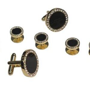 Genuine Onyx Center with Pavé Crystals Bezel Cufflinks and Studs